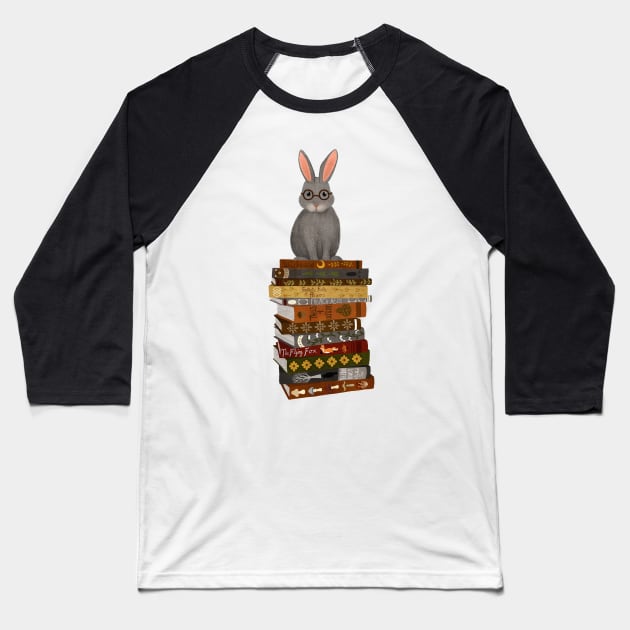 Rabbit on Books Baseball T-Shirt by annyamarttinen